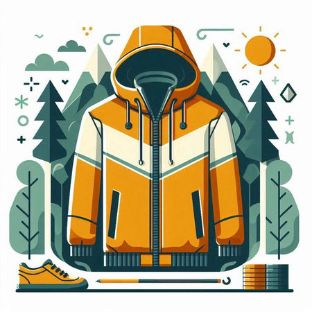 Winter sport jacket in the forest. Vector illustration in flat style.のイラスト素材