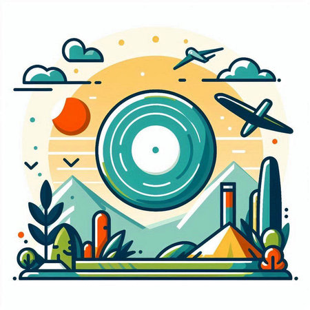 Vinyl record and landscape. Vector illustration in flat linear style.のイラスト素材