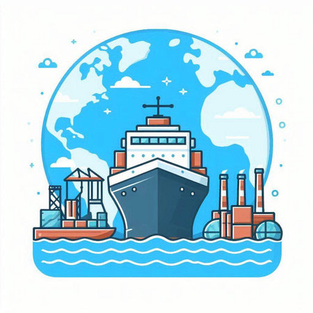 Cargo ship in the sea. Vector illustration on white background.のイラスト素材