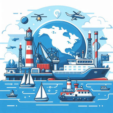 Sea transportation concept. Vector illustration with ship, lighthouse, lighthouse, ship, cruise liner, seagulls and other sea transport.のイラスト素材