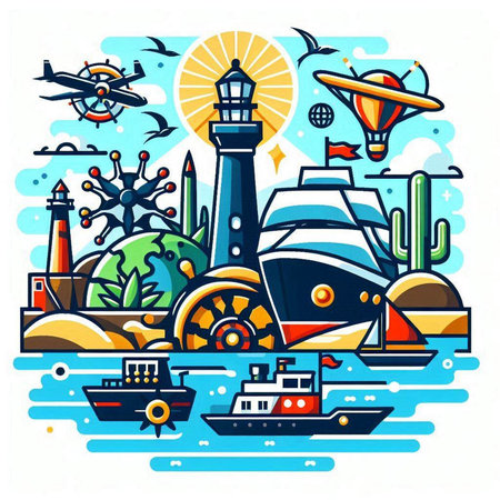 Vector illustration of sea transportation. Lighthouse, ship, sailboat, seagulls and other elements.のイラスト素材