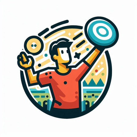 Illustration of a man throwing a ball in the air viewed from front set inside circle done in retro style.のイラスト素材