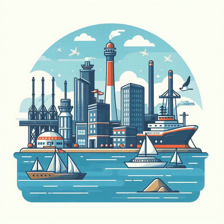 Vector illustration of modern city with ships and lighthouse in flat style.のイラスト素材