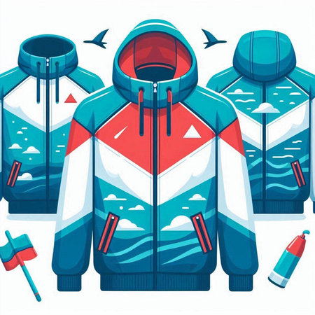 Vector illustration of a winter jacket with a hood and snowflakesのイラスト素材