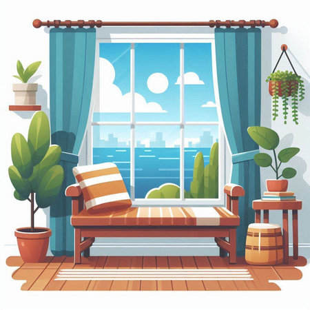 Vector illustration of a cozy room with a large window and a view of the cityのイラスト素材