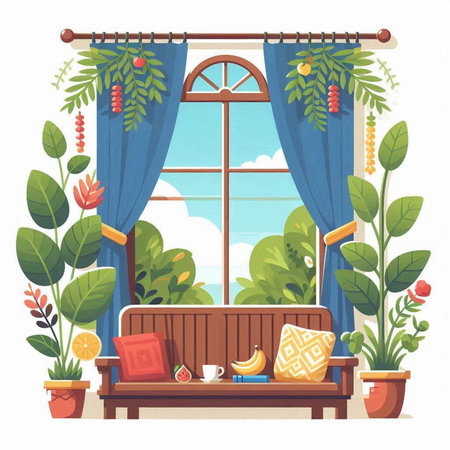 Vector illustration of a cozy living room with a large window, sofa and plants.のイラスト素材