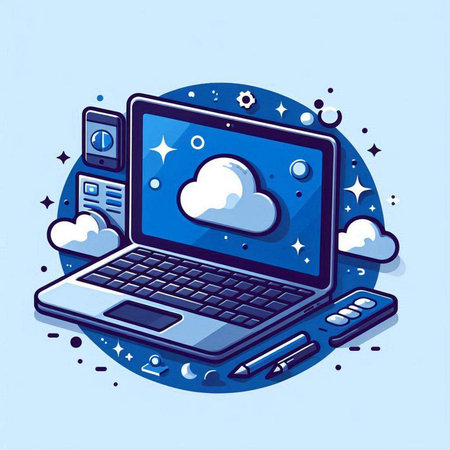 Laptop with cloud computing icons on blue background. Vector illustration.のイラスト素材