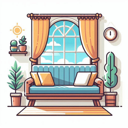 Living room interior with window, sofa and plants. Vector illustration.のイラスト素材