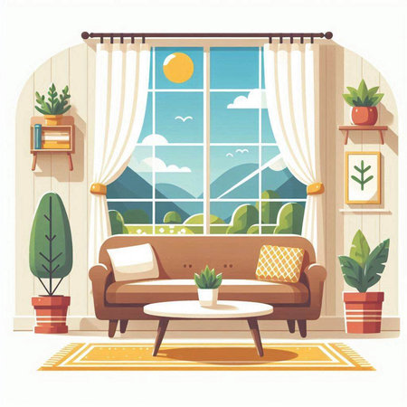 Living room interior with window, sofa and plants. Vector illustration.のイラスト素材