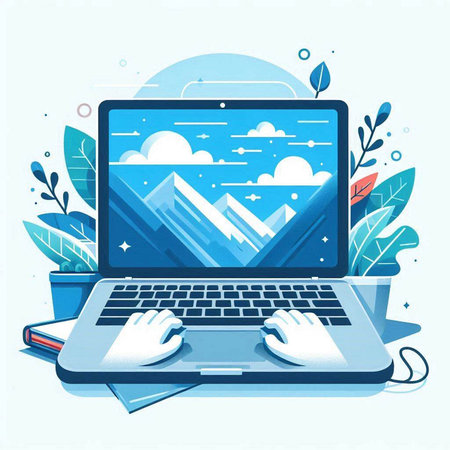 Laptop with image of mountains and clouds on the screen. Vector illustrationのイラスト素材