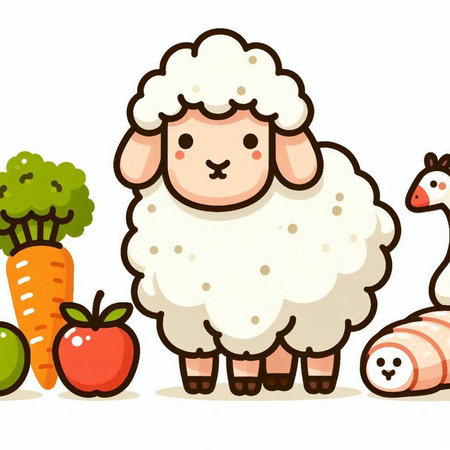 Illustration of Cute Sheep and Vegetables on a White Backgroundのイラスト素材