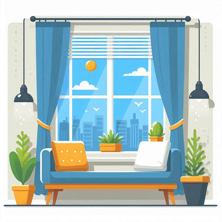 Living room interior with window, sofa and plants. Flat style vector illustration.のイラスト素材