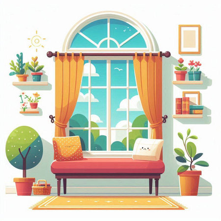 Illustration of a window with a view of the garden. Vector illustrationのイラスト素材