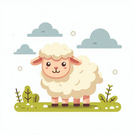 Cute sheep in the field. Vector illustration on white background.のイラスト素材