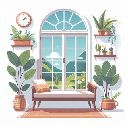 Vector illustration of a room with a large window, plants and a benchのイラスト素材