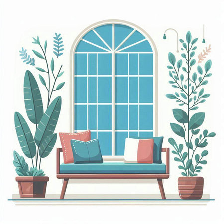 Living room interior with windows and plants. Vector illustration in flat styleのイラスト素材
