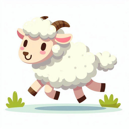 Sheep cartoon character running on the grass. Vector illustration isolated on white backgroundのイラスト素材