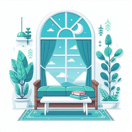 Living room interior with window, sofa and plants. Flat vector illustration.のイラスト素材