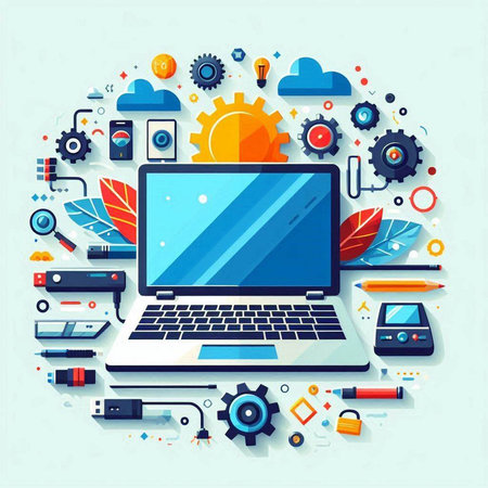 Flat design modern vector illustration concept of cloud computing. Laptop, smartphone, tablet, notebook, computer, mouse, pencil, pen, pencil, ruler, keypad, camera, gear.のイラスト素材
