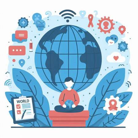 Social media concept. Flat style vector illustration. Woman sitting in lotus position on globe, social network icons around.のイラスト素材