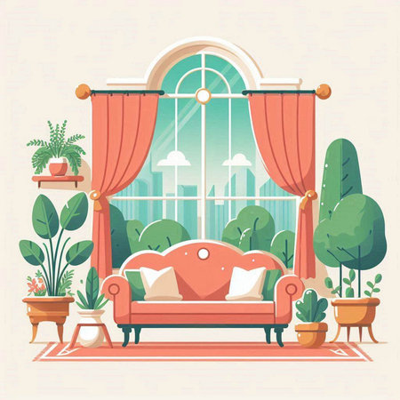 Living room with window, sofa and plants. Vector illustration in flat styleのイラスト素材