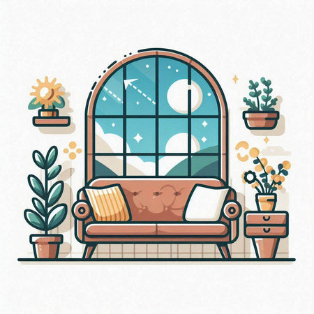 Vector illustration of cozy living room in flat style with window, sofa, plants and window.のイラスト素材