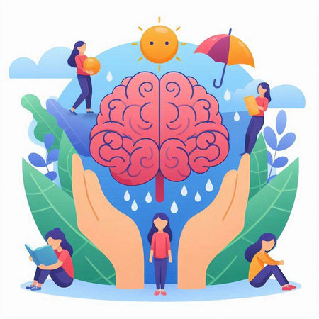 Brainstorming concept vector illustration. Cartoon flat tiny people characters sitting on human hand holding big human brain, reading book, protecting from rain and sun.のイラスト素材