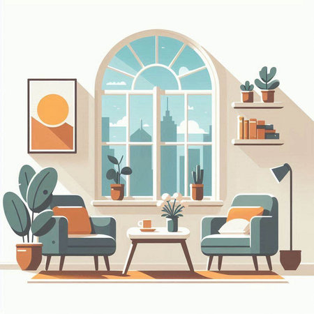 Living room interior with furniture and window. Flat style vector illustration.のイラスト素材