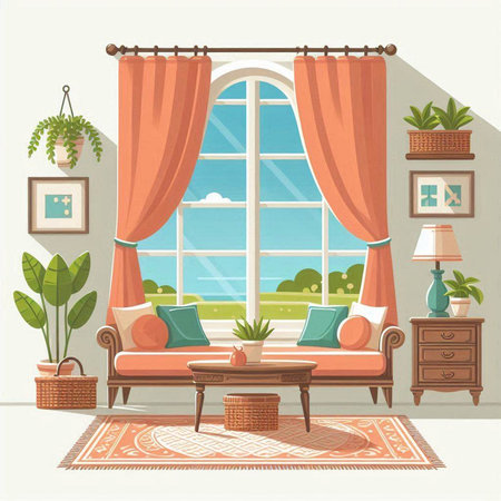 Living room interior with window, furniture and plants. Vector illustration.のイラスト素材