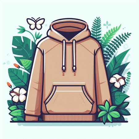 Vector illustration of a brown hoodie on a background of tropical leaves.のイラスト素材