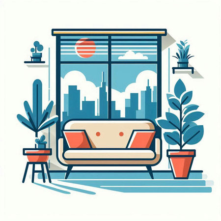 Modern flat design interior of living room with sofa, plants and city view. Vector illustrationのイラスト素材