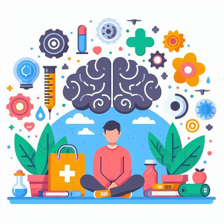 Vector illustration of a young man sitting on the floor with a lot of medical items.のイラスト素材