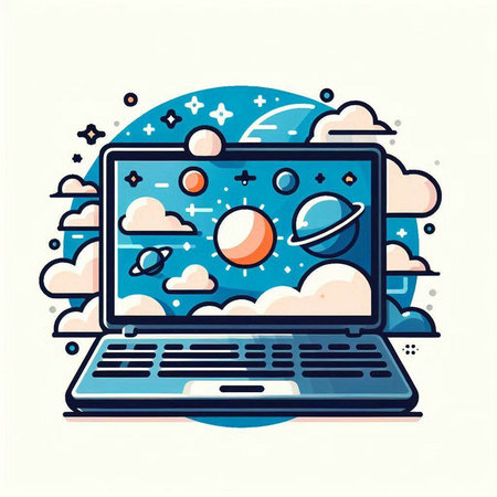 Laptop with planets and stars on the screen. Vector illustration.のイラスト素材