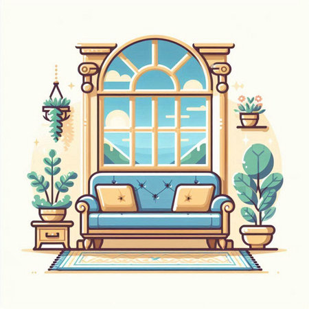 Vector illustration of a cozy living room with a window, sofa and plantsのイラスト素材