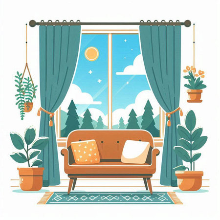 Living room interior with window, sofa and plants. Vector illustration.のイラスト素材