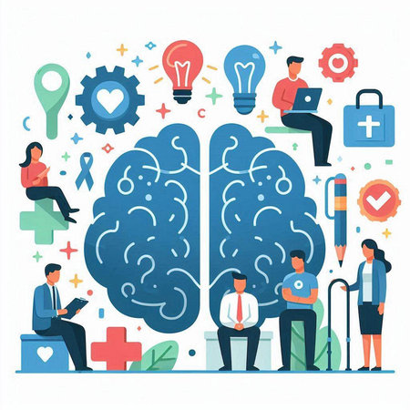 Brainstorming concept with people and human brain. Vector illustration in flat designのイラスト素材