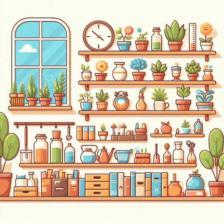 Shelves and shelves with different home related objects. Vector illustration.のイラスト素材
