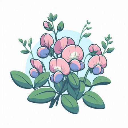 Bouquet of sweet pea flowers with green leaves. Vector illustration.のイラスト素材