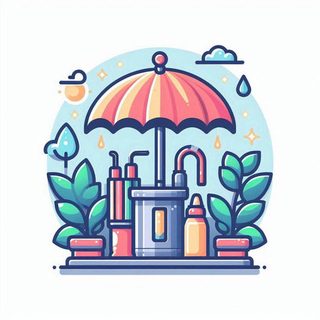 Vector illustration of a set of cosmetic products under an umbrella in the rain.のイラスト素材