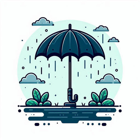 Umbrella in the rain. Vector illustration in flat style.のイラスト素材