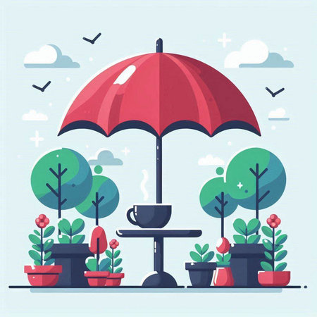 Vector illustration in flat style with umbrella, coffee cup and trees.のイラスト素材