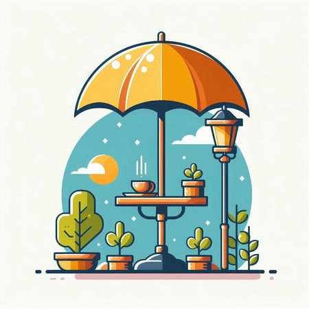 Vector illustration of a cafe under an umbrella. Flat style design.のイラスト素材