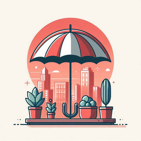 Vector illustration of a city landscape with an umbrella and plants in pots.のイラスト素材