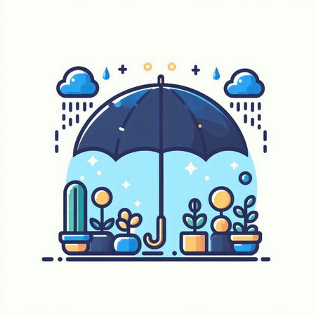 Umbrella and potted plants. Flat style vector illustration.のイラスト素材