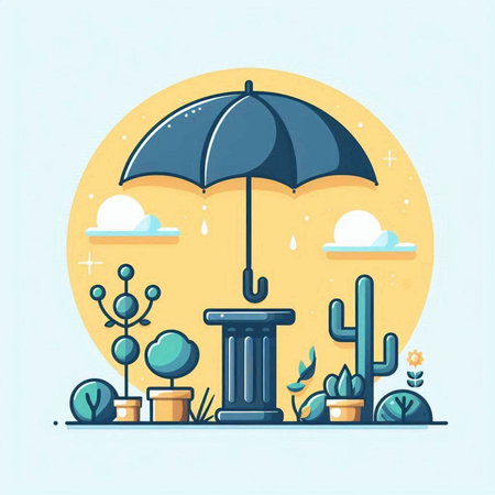 Vector illustration of a flat design of a urban landscape with cactus, plants and an umbrellaのイラスト素材