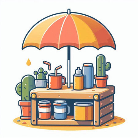Illustration of a Cactus in a Cactus Pot and an Umbrellaのイラスト素材