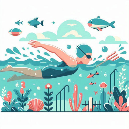 Swimming in the pool. Vector illustration in a flat style.のイラスト素材