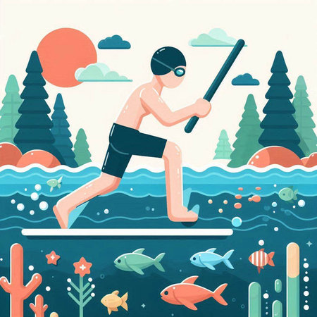 Man rowing a boat in the sea. Flat style vector illustration.のイラスト素材