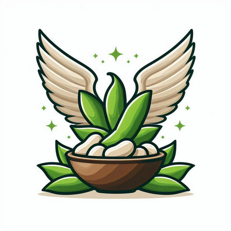 Illustration of a green peas in a bowl with wings on a white backgroundのイラスト素材