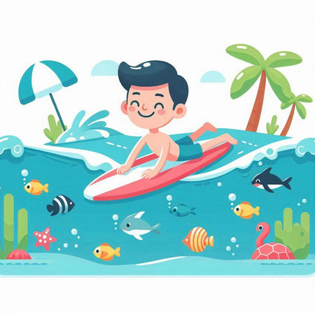 Boy on surfboard in the sea. Vector flat cartoon illustration.のイラスト素材